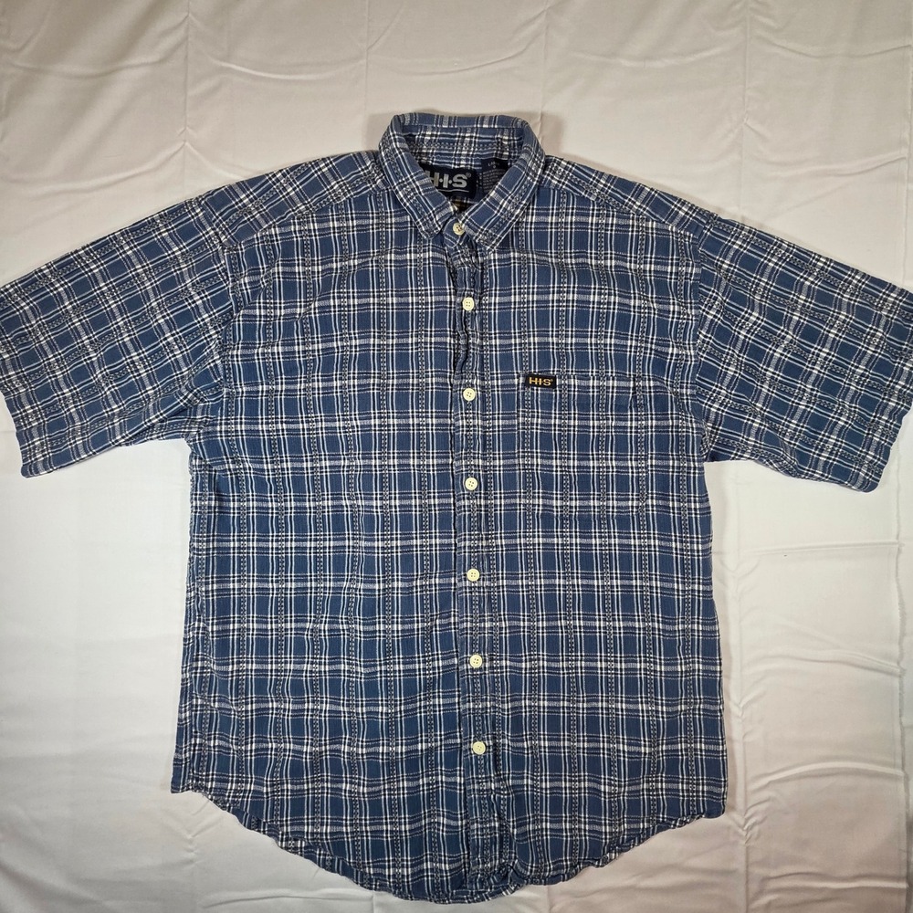 HIS Mens Blue White Plaid Short Sleeve Button Down Shirt Cotton Large Vintage